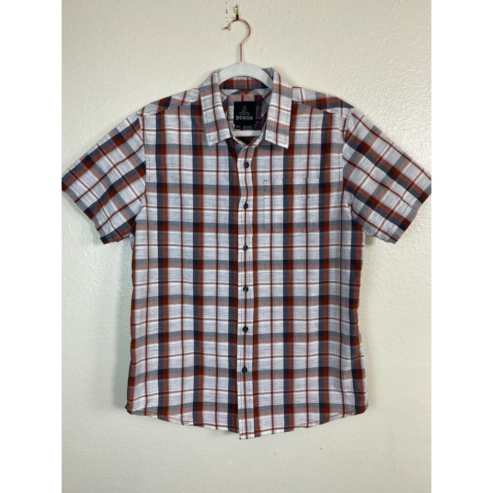 Prana Plaid Short Sleeve Button Up Camp Shirt Men size‎ Medium Camping Outdoor